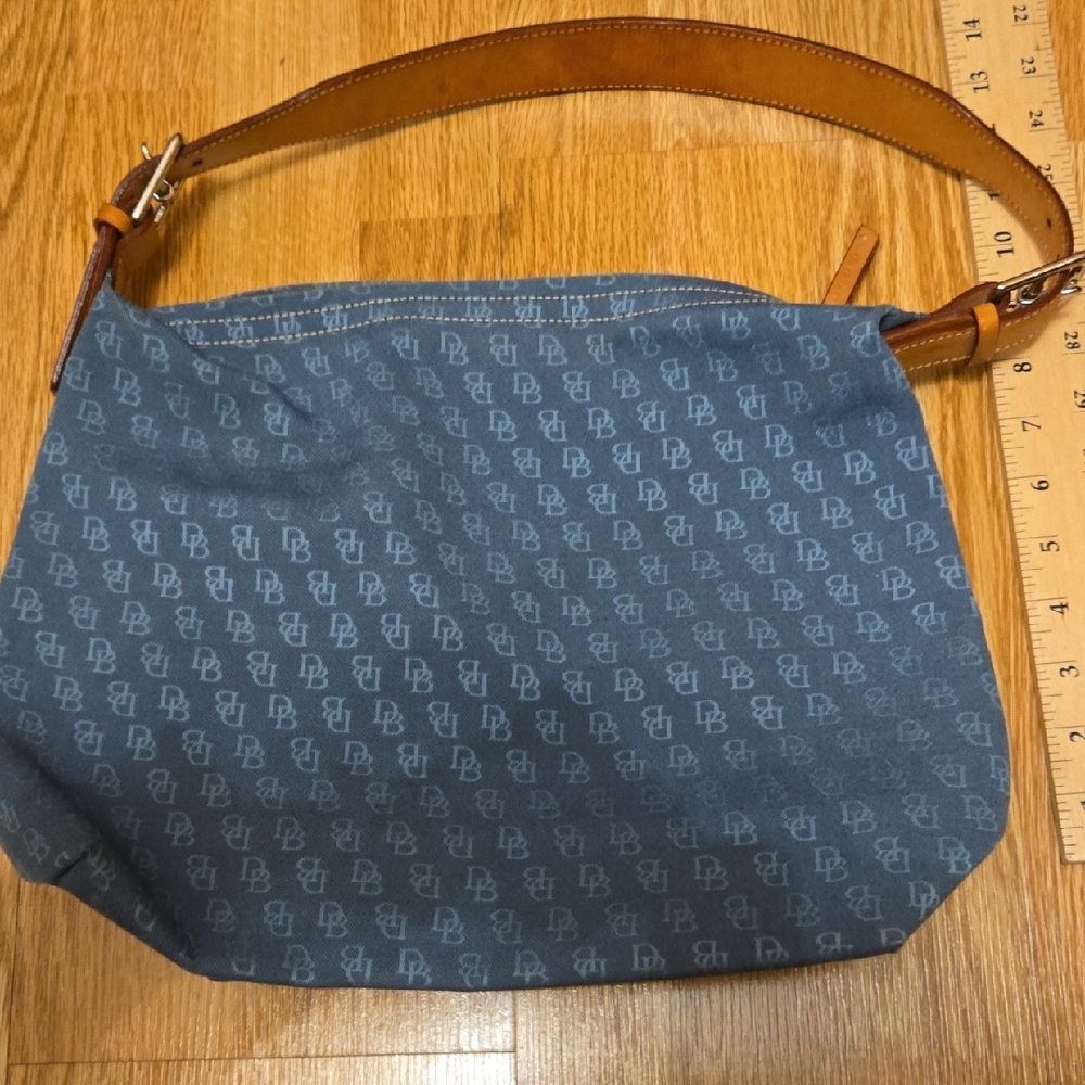 Dooney & Bourke Blue Monogram Shoulder Bag with Tan Leather Strap - Picture 2 of 11